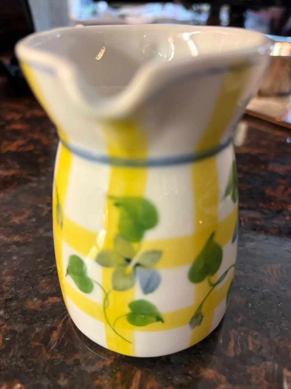 Andrea by Sadek  yellow lattice and violet Vintage hand painted 6 oz creamer.